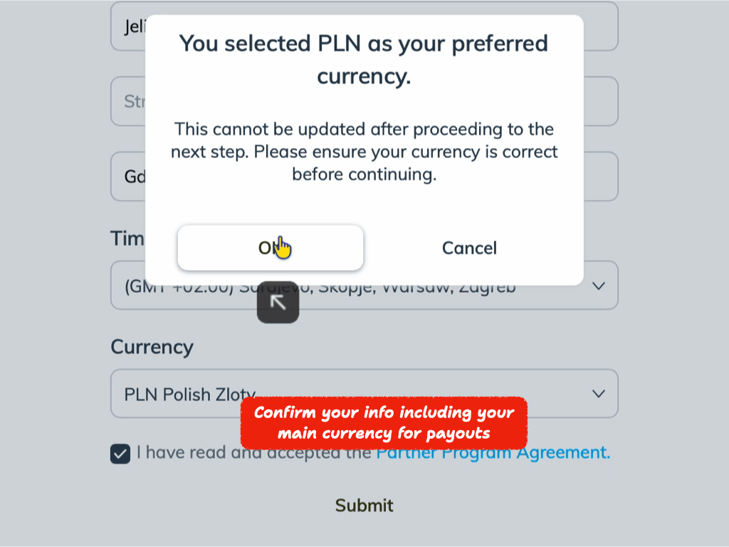 Step 13 — Confirm currency and submit